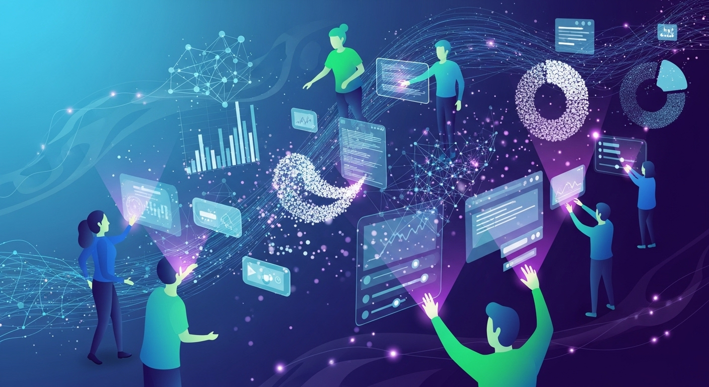 Abstract illustration of people interacting with digital elements