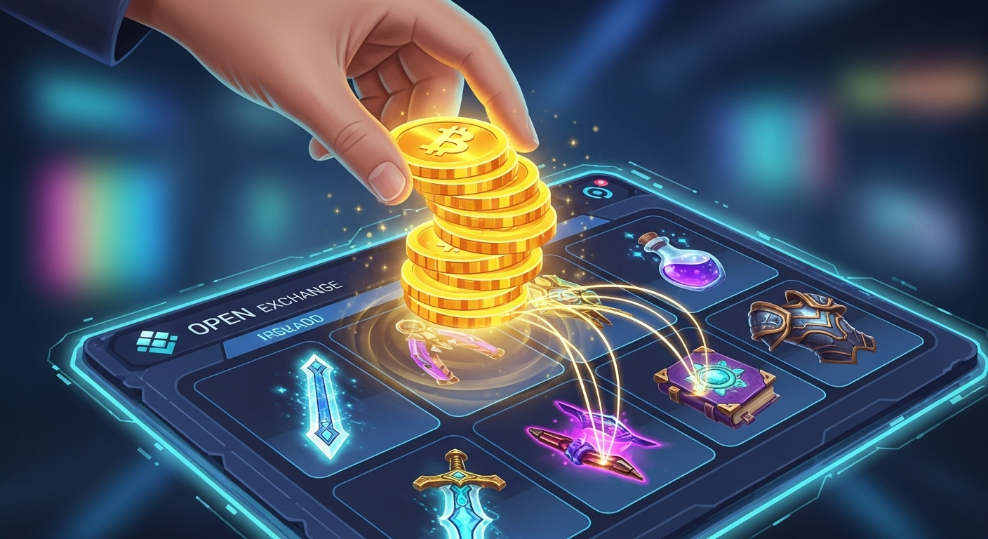 Illustration showing virtual coins being exchanged for in-game items